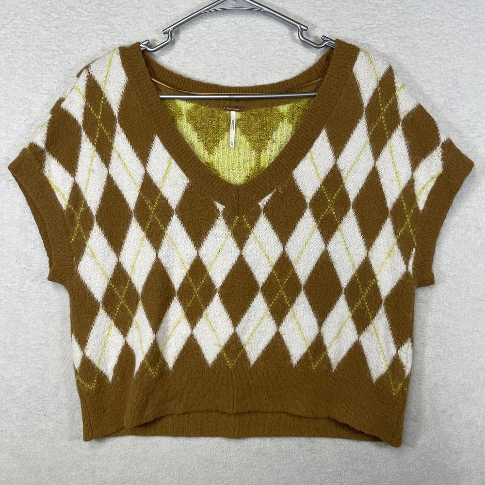 Free People XL Through The Motions Argyle Vest in Tiger Eye Combo Viscose Blend